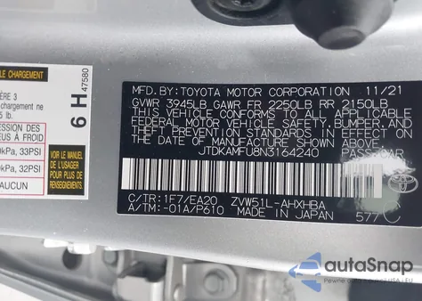 2022 Toyota Prius Night Shade z USA, uszkodzony, nr VIN JTDKAMFU8N3164240